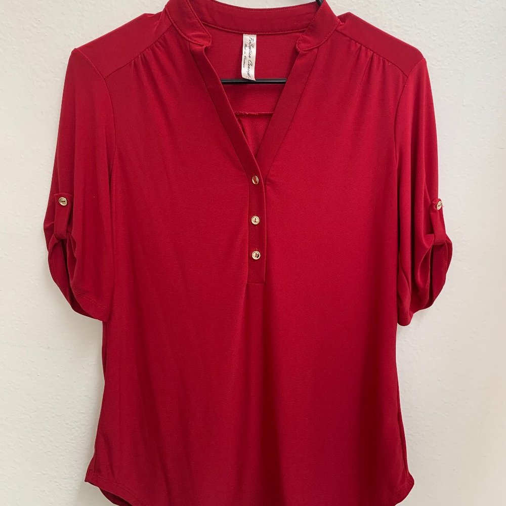 Red V-Neck Half Buttoned Blouse
